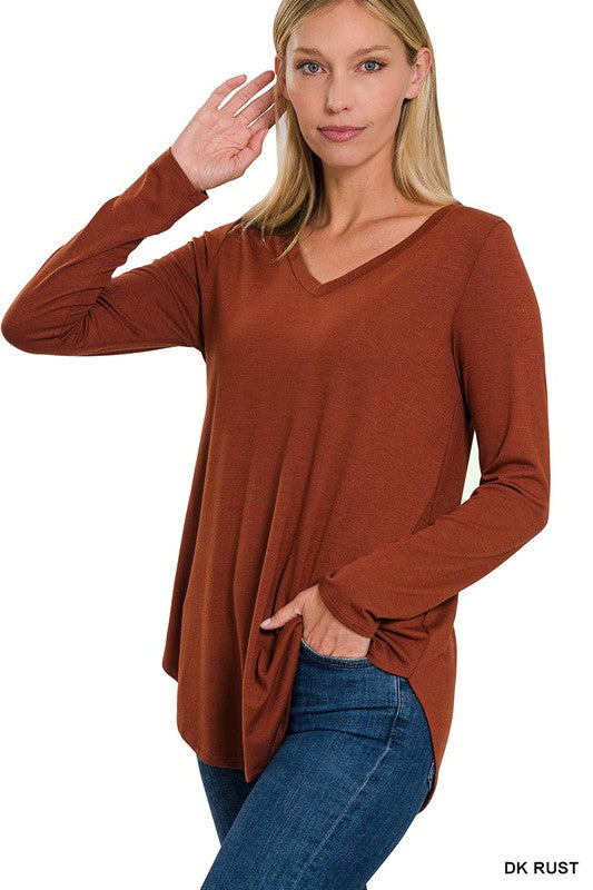 Long Sleeve V-Neck Round Hem Top