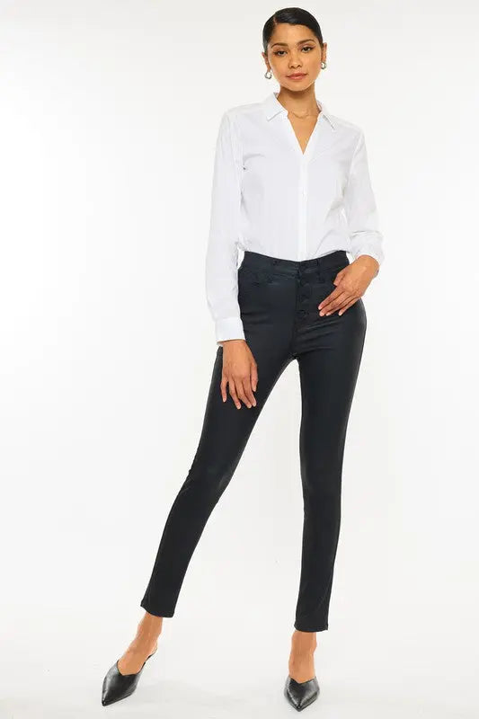 High Rise Black Coated Ankle Skinny Jean Kan Can USA