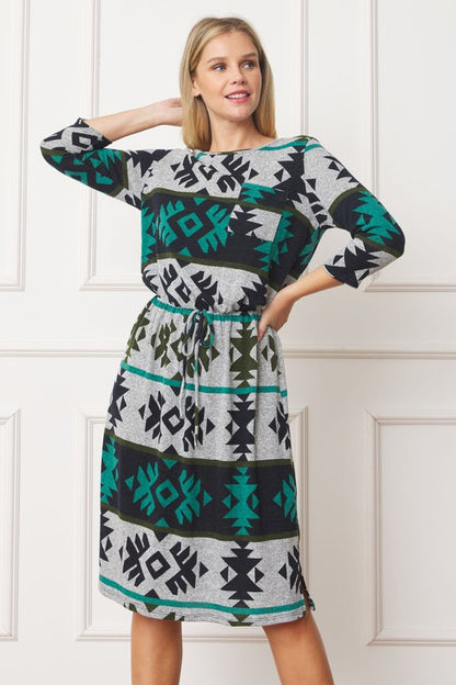 Tribal Drawstring Blouson Midi Dress