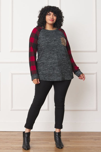 Plus Checker Sleeve Sequin Pocket Tunic