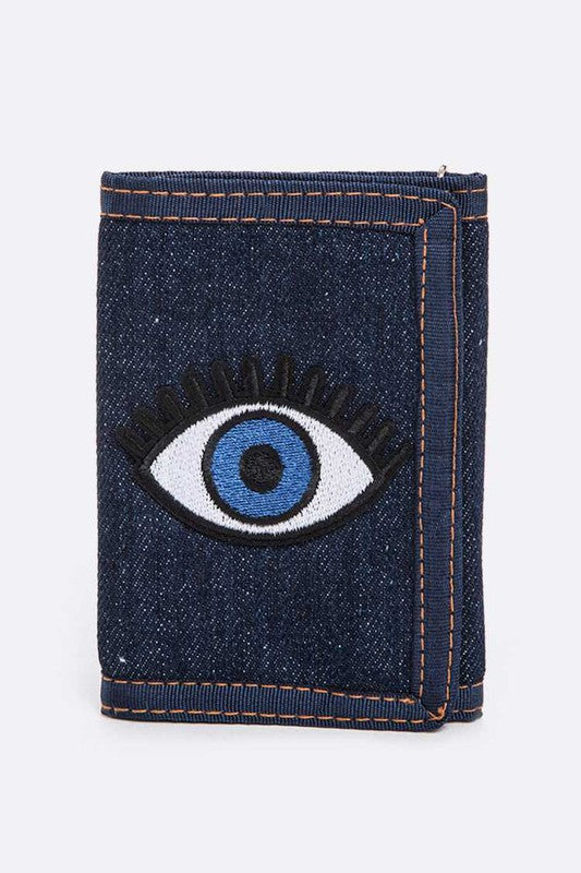 Embroidered Eye Patch Denim TriFold Wallet