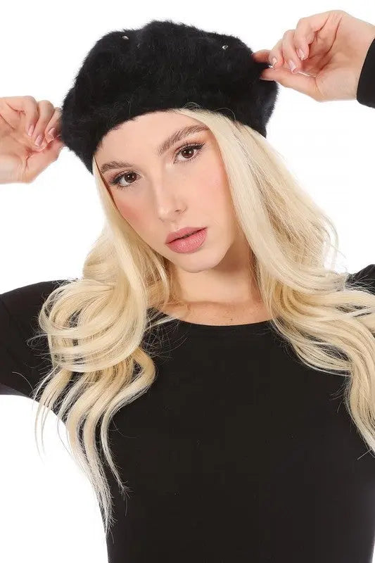 RHINESTONE FAUX FUR BERET