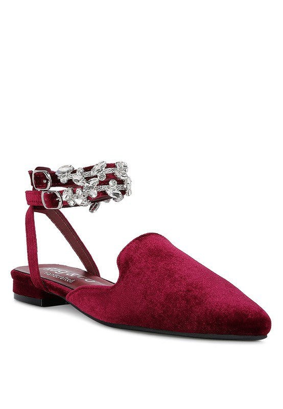 SALOME Burgundy Velvet Luxe Jewelled Flat Mules