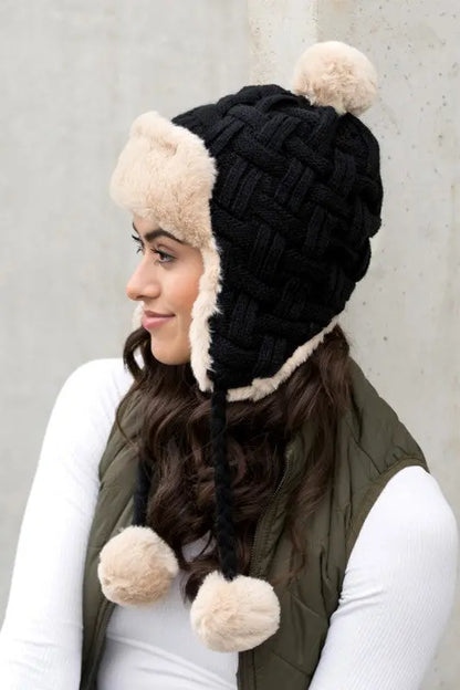 Cable Weave Pom Trapper Hat AFFLUZA.COM