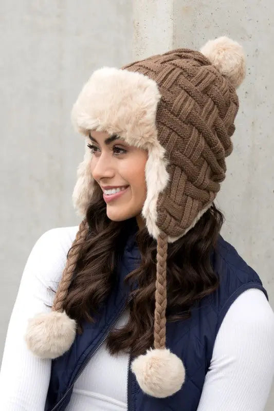 Cable Weave Pom Trapper Hat AFFLUZA.COM