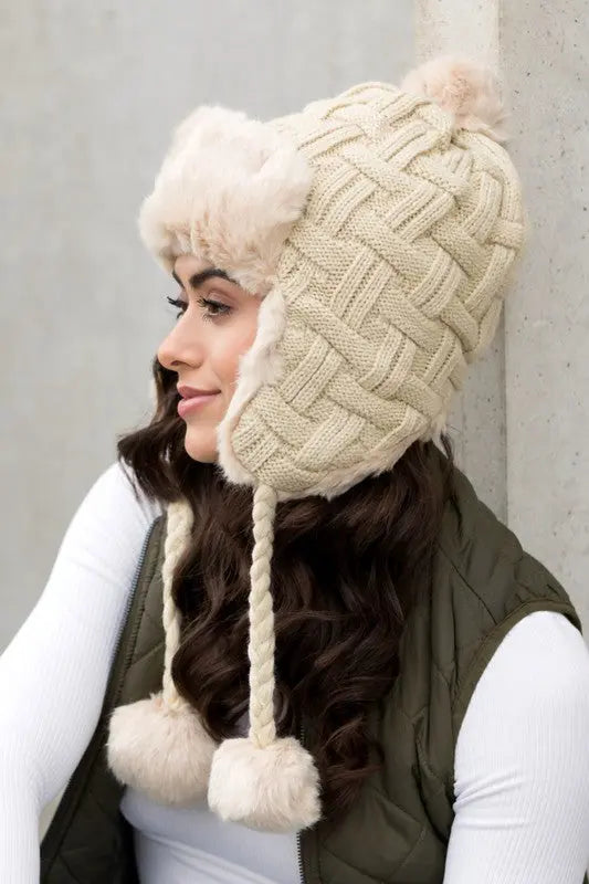 Cable Weave Pom Trapper Hat AFFLUZA.COM