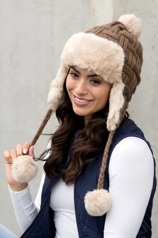 Cable Weave Pom Trapper Hat AFFLUZA.COM