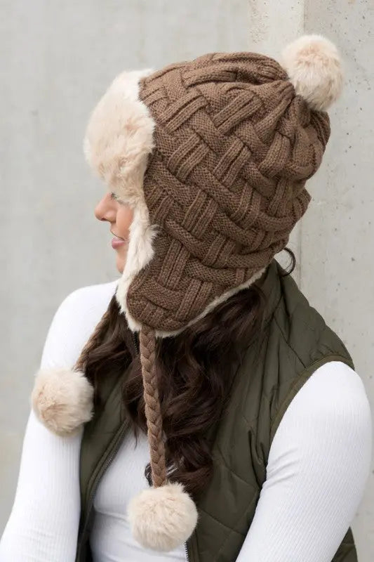 Cable Weave Pom Trapper Hat AFFLUZA.COM