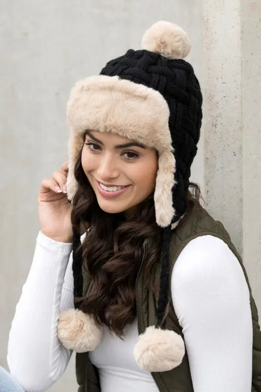 Cable Weave Pom Trapper Hat AFFLUZA.COM