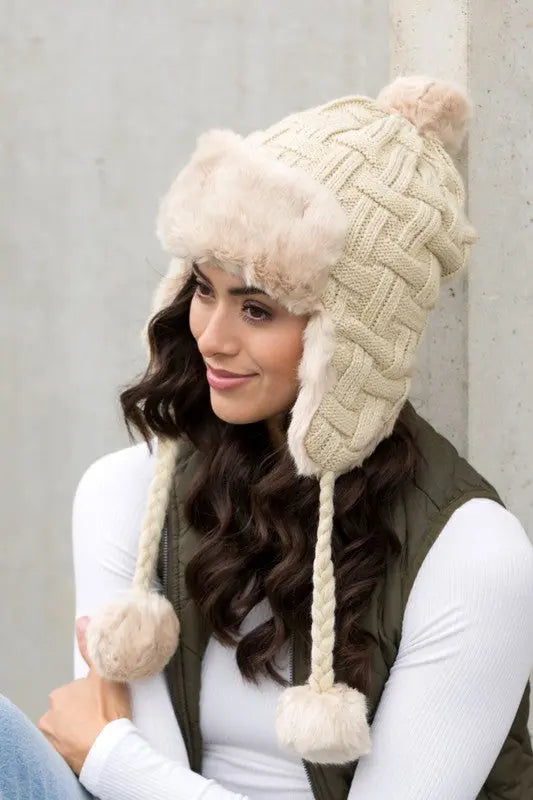 Cable Weave Pom Trapper Hat AFFLUZA.COM