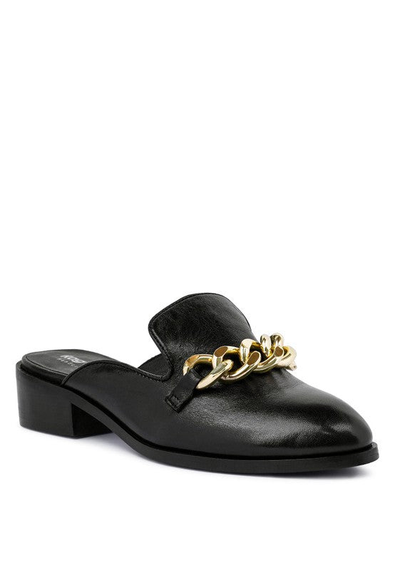 AKSA Metal Chain Leather Mules