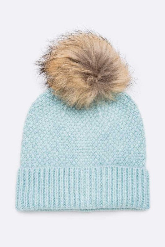 Large Natural Fur Pom Soft Beanie