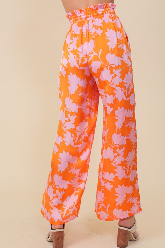 Tropical Print Wide Pants With Self Tie Drawstring