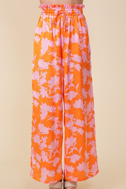 Tropical Print Wide Pants With Self Tie Drawstring