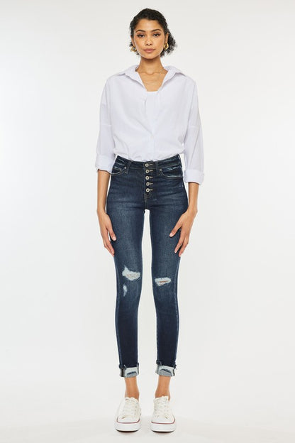 High Rise Button Down Cuffed Ankle Skinny Jeans