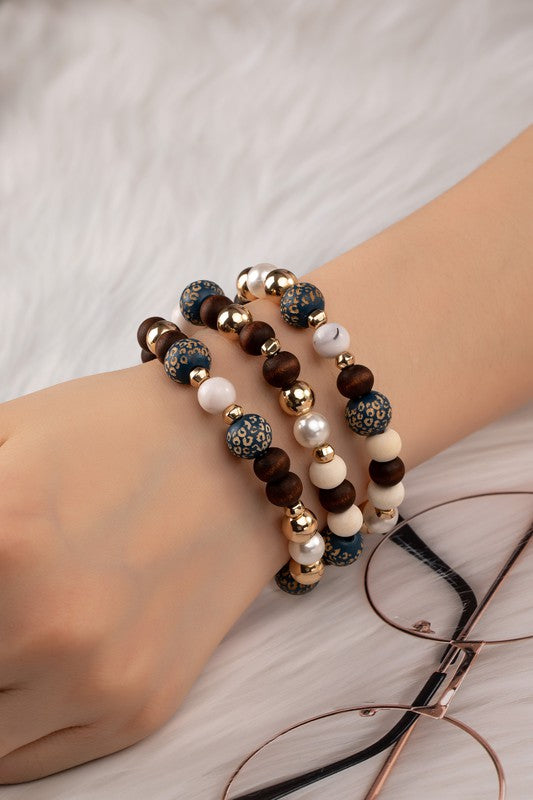 3 wood carved animal prints bracelets set