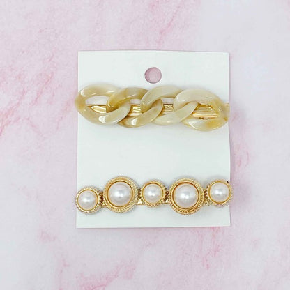 Marble Chain And Pearl Hair Clip Set