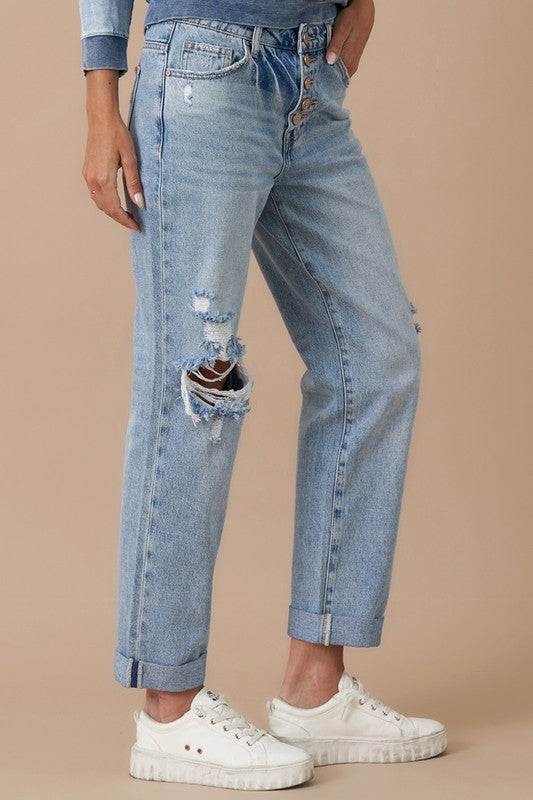 ROLLED UP BOYFRIEND JEANS - Affluza