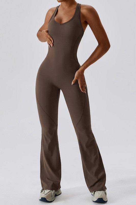 Solid flared trousers cutout back jumpsuit