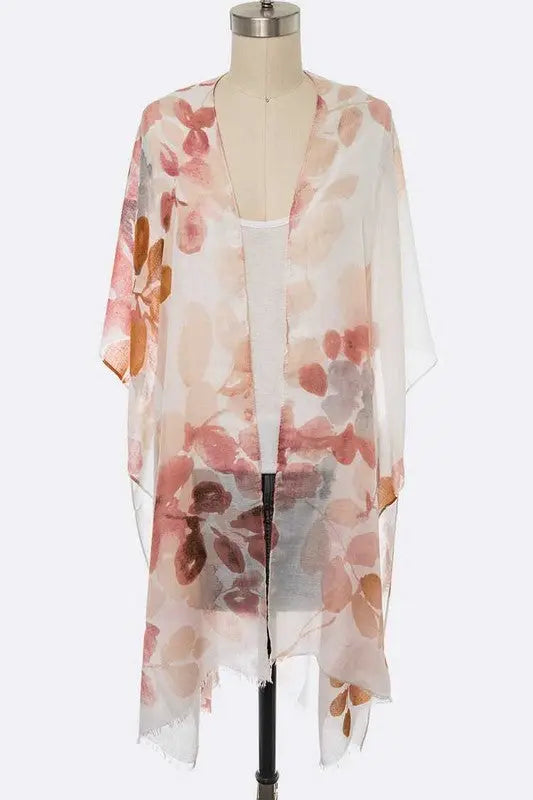 Watercolor Leaf Print Kimono Cardigan AFFLUZA.COM