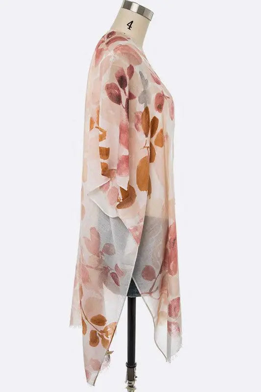 Watercolor Leaf Print Kimono Cardigan AFFLUZA.COM