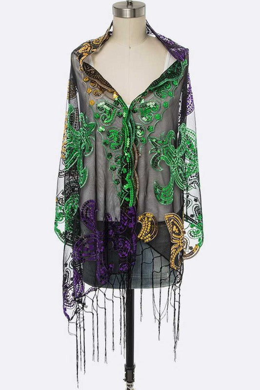 Mardi Gras Color Fleur De Lis Sequins Shawl Scarf