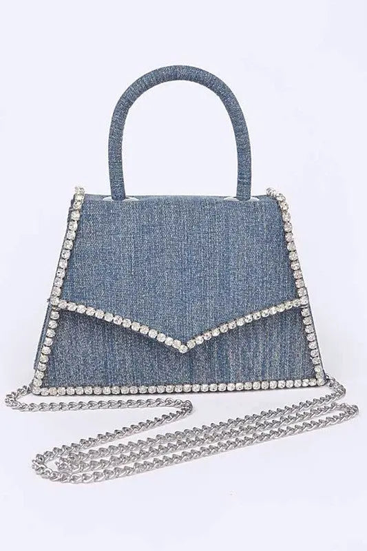 Rhinestone Accent Denim Top Handle Clutch Bag Artini Accessories