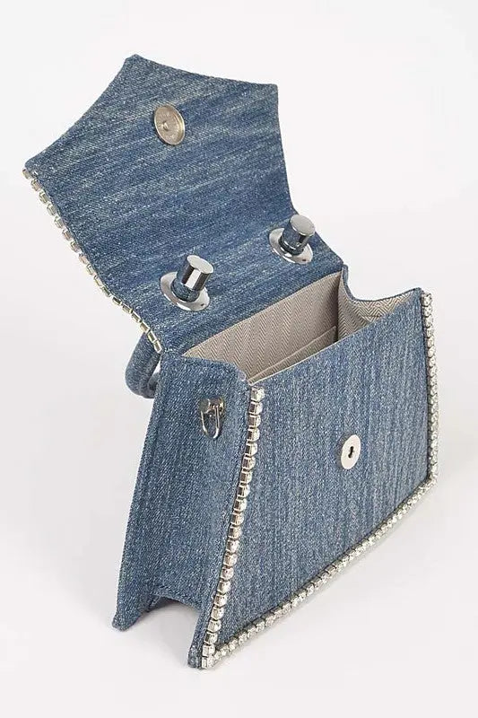 Rhinestone Accent Denim Top Handle Clutch Bag Artini Accessories