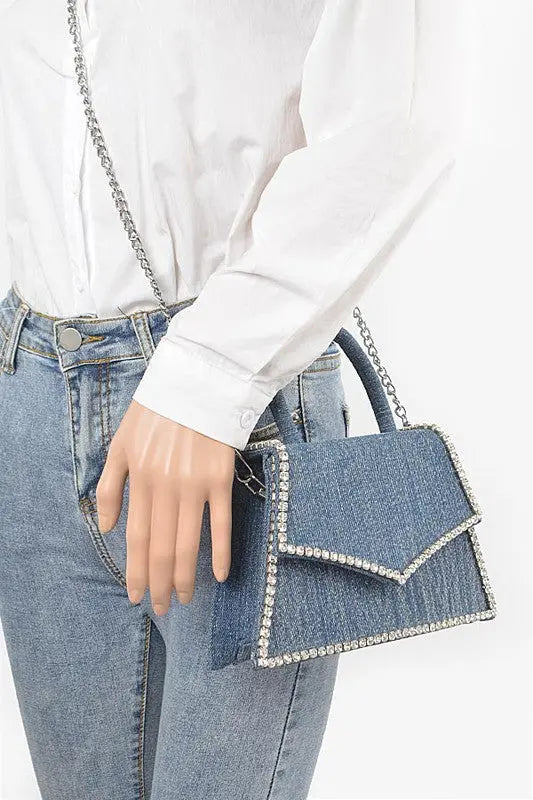 Rhinestone Accent Denim Top Handle Clutch Bag Artini Accessories