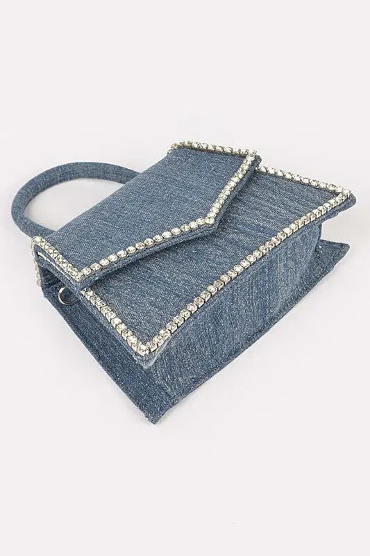 Rhinestone Accent Denim Top Handle Clutch Bag Artini Accessories