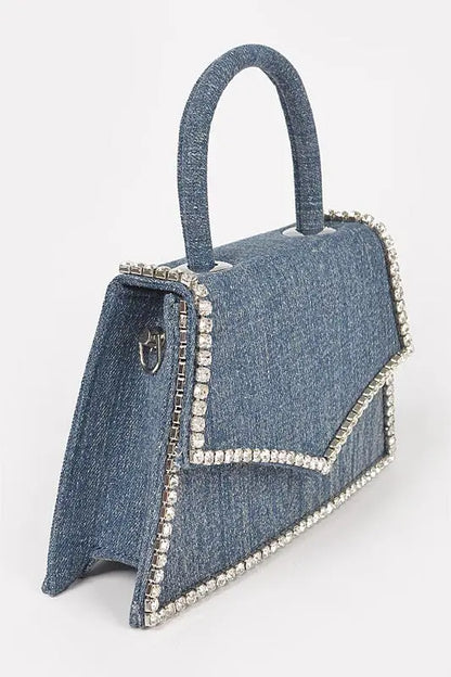 Rhinestone Accent Denim Top Handle Clutch Bag Artini Accessories