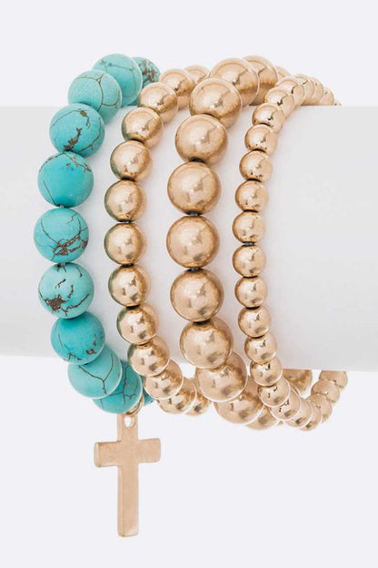 Layered Beads Cross Charm Bracelet Set