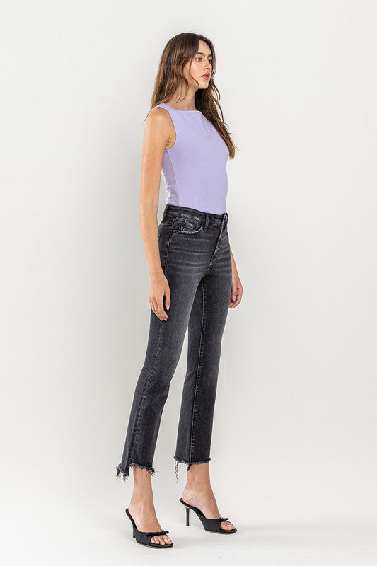 High Rise Raw Step Hem Crop Flare Jeans