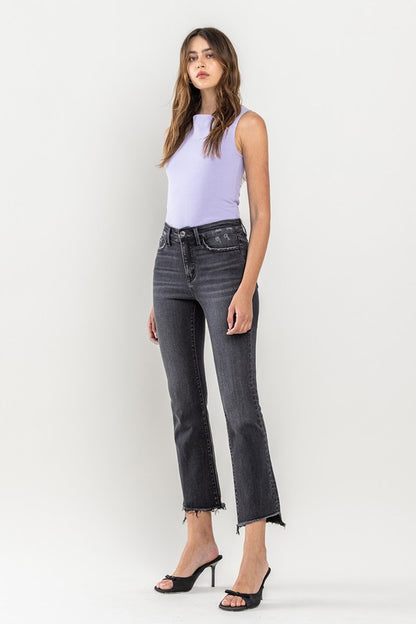 High Rise Raw Step Hem Crop Flare Jeans