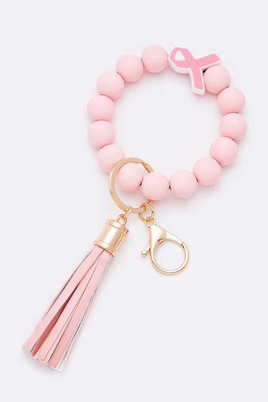 Pink Ribbon Silicon Beaded Bracelet Key Chain