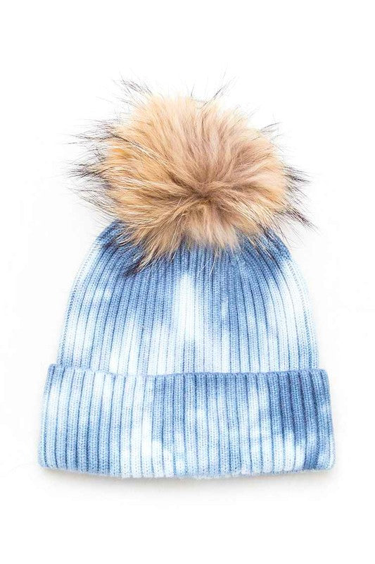 Large Genuine Fur Pom Tie Dyed Beanie