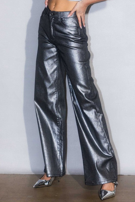 Metallic High Rise Wide Jeans