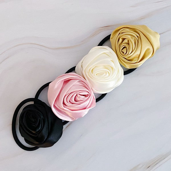 Hand Picked Satin Rose Hair Tie Set of 4