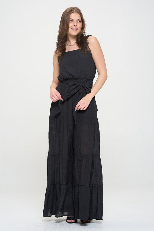 ELASTIC STRAP TIERED JUMPSUIT