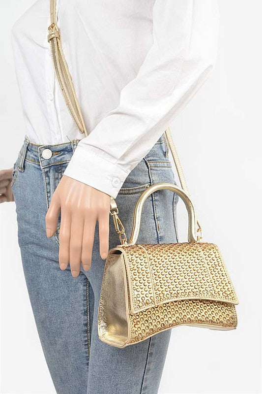 Rhinestone Metallic Top Handle Crossbody Bag