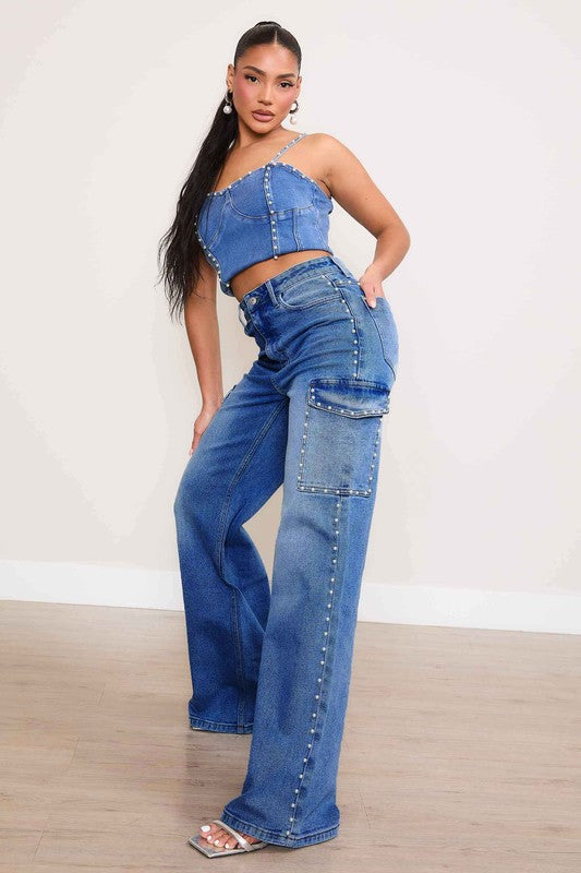 Pearl High-Rise Wide Leg Cargo Jeans