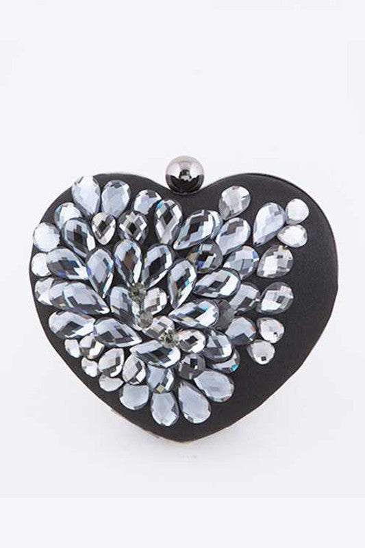 Crystal Flower Statement Satin Heart Shape Clutch