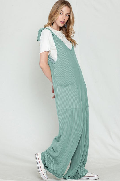 Corded Tie Straps V Neck Wide Leg Jumpsuit