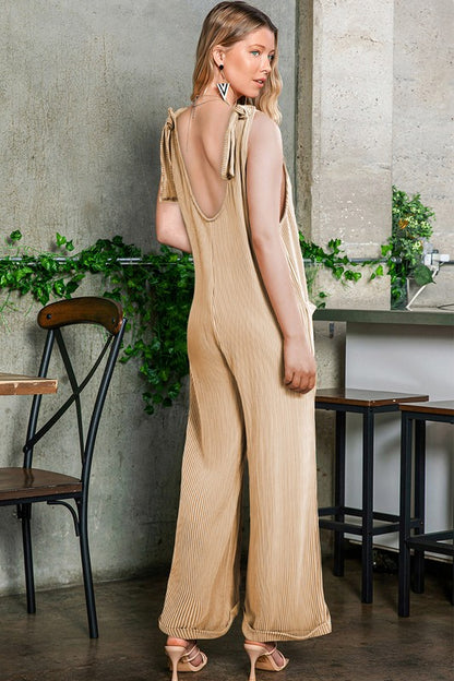 Corded Tie Straps V Neck Wide Leg Jumpsuit