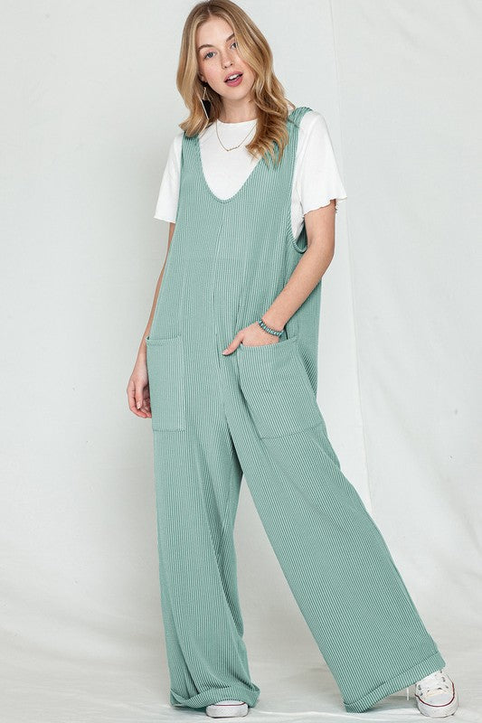 Corded Tie Straps V Neck Wide Leg Jumpsuit