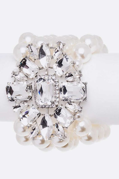 Crystal Flower Statement Pearl Stretch Bracelet