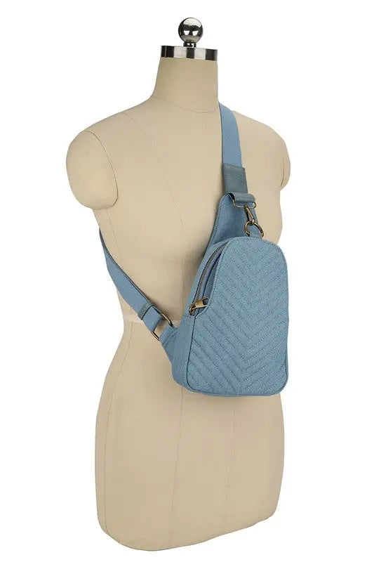 Chevron Quilted Denim Sling Bag Fashion World