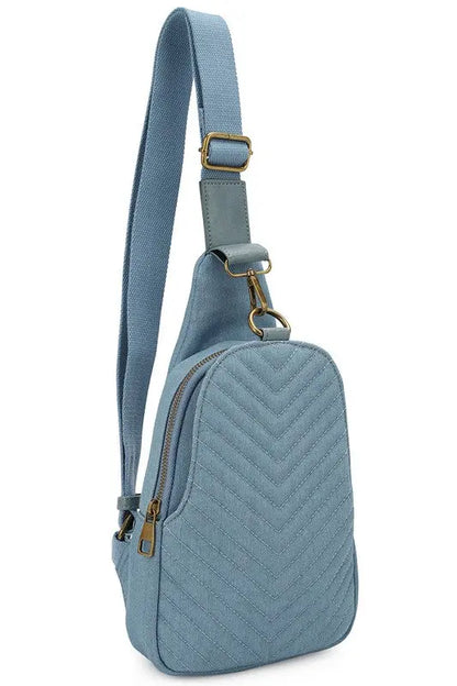 Chevron Quilted Denim Sling Bag Fashion World