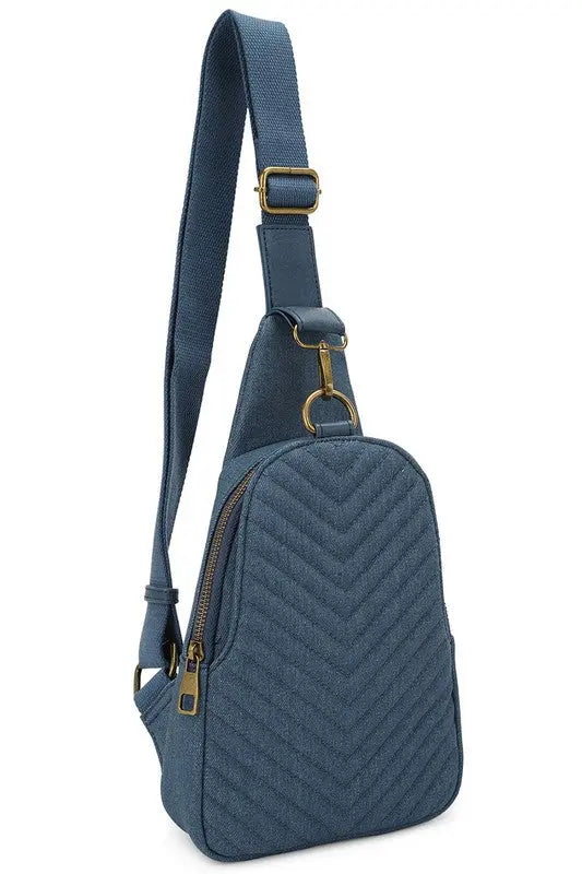 Chevron Quilted Denim Sling Bag Fashion World