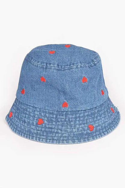 Heart Embroidered Denim Bucket Hat